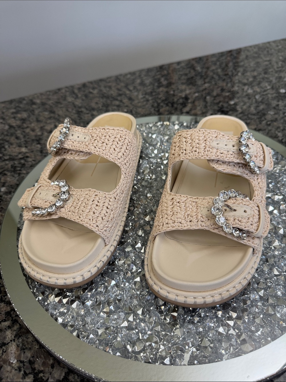 Dolce Vita Shaunty Cream Woven Slide Sandals Crystal Buckles contoured footbed